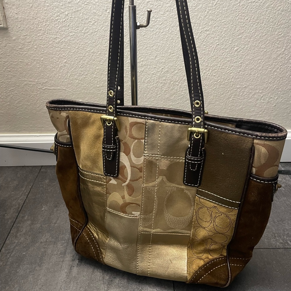 Coach Tan and Gold Patchwork Tote